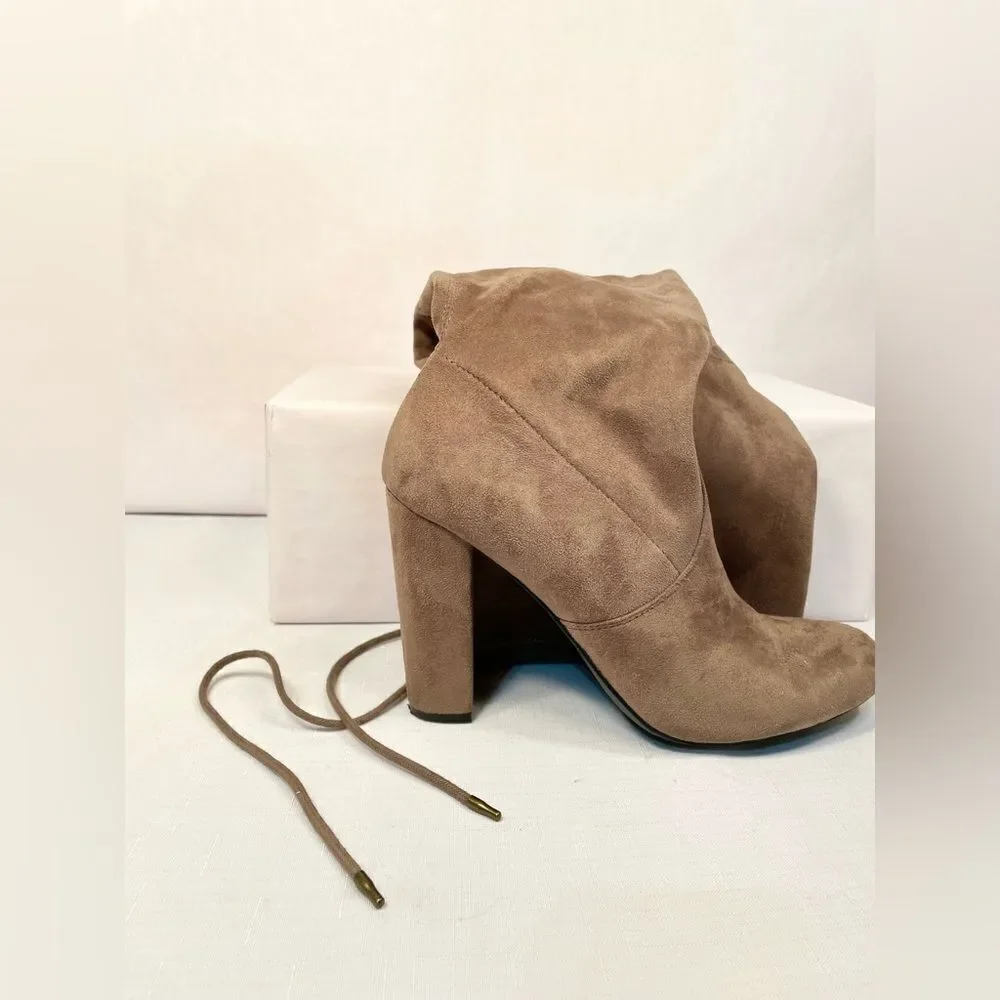 TAUPE FAUX SUEDE THIGH HIGH BOOTS SIZE 11 4” HEELS NWOT